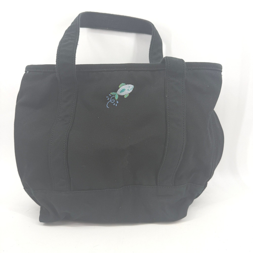 Lands End Tote Bag Women Small Black Canvas Fish Monogram J Embroidered